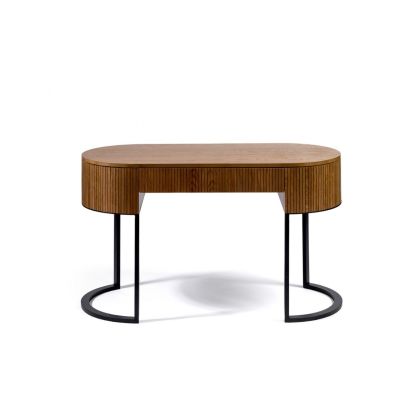 Consola industrial moderna con 1 cajón en madera de roble natural y base de metal negro.