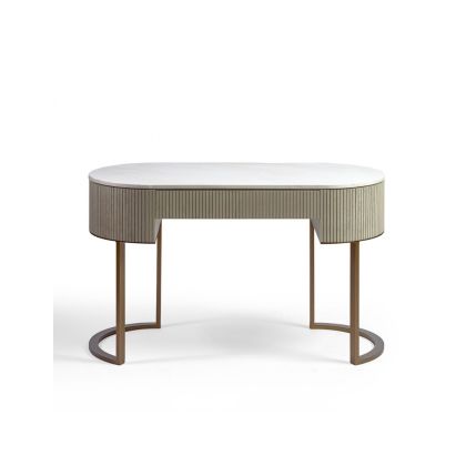Consola nórdica moderna 1 cajón en madera de roble blanco grisáceo, sobre de piedra blanca y base de metal dorado.