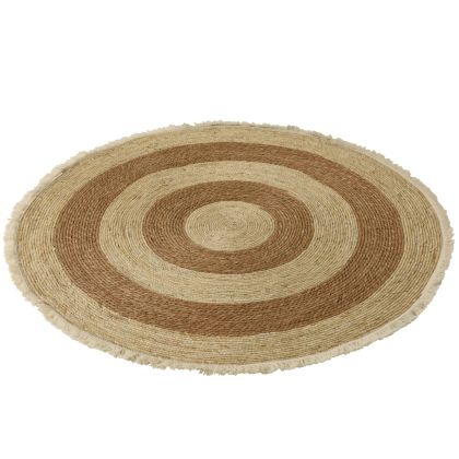 Alfombra redonda en fibra natural, beige, marrón y blanco.