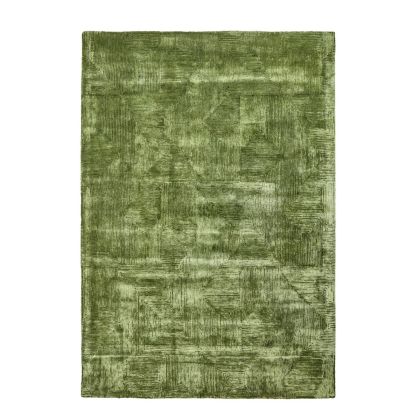 Alfombra hecha a mano de viscosa verde con acabado brillante.