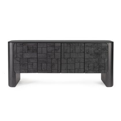 Aparador en madera de mango negro y frontal de bloques de madera natural con 4 puertas.