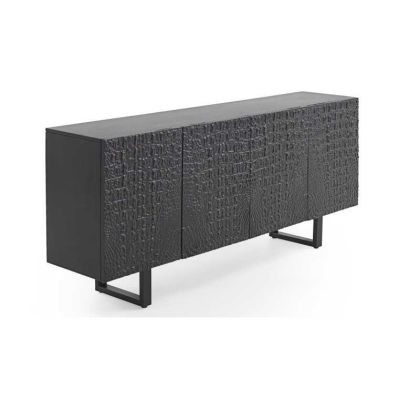 Black 4-Door Mango Wood Sideboard with Relief, 177 Cm