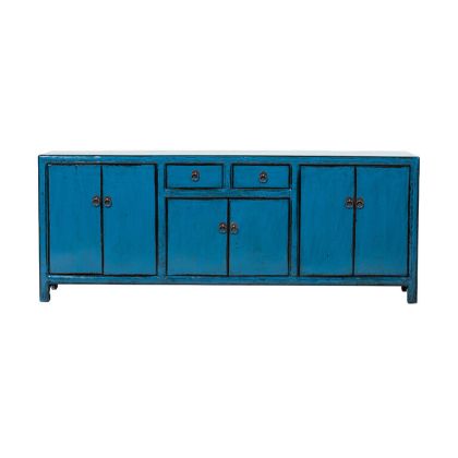 Mueble TV Azul 6 Puertas 2 Cajones Madera Pino, 148 Cm