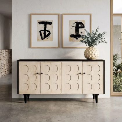 Aparador Círculos Madera Reciclada Beige Negro, 160 X 45 X 80 Cm