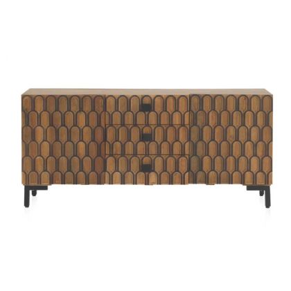 Aparador Geométrico Estilo Étnico Madera Maciza Jamun Patas Metal, 160 Cm