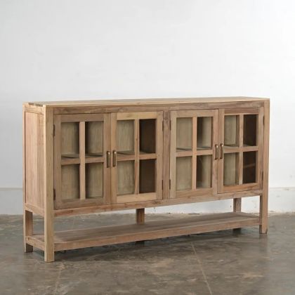 Aparador Madera Natural y Vidrio 4 Puertas, 207 cm