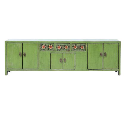 Mueble TV Verde 3 Cajones 6 Puertas Madera Pino, 150 Cm