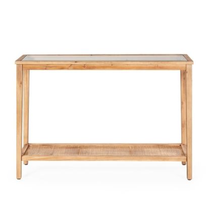 Tropical wood and natural rattan console table with glass top.