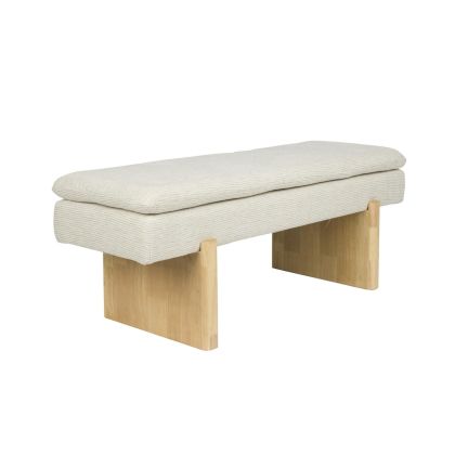 Banco en madera de pino natural tapizado en tejido gris.