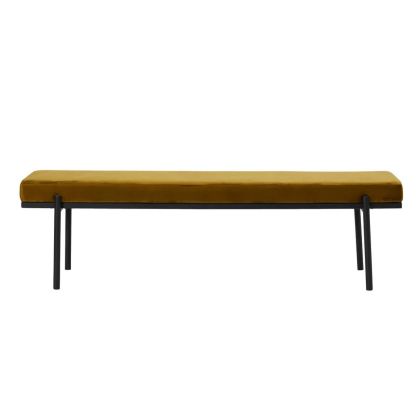 Banco en madera de álamo tapizada en tejido oliva oscuro y estructura de acero negro.