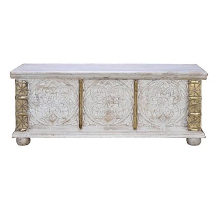 Baúl Mango Blanco Envejecido Detalles Metal, 116 Cm