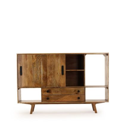 Aparador industrial en madera de mango natural y tiradores de hierro negro.