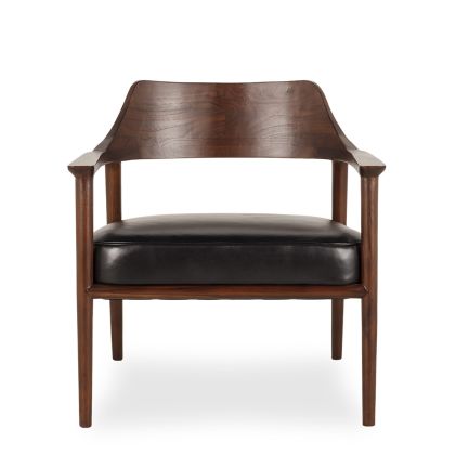 Black Leather Teak Wood Armchair Walnut Color, 67 Cm