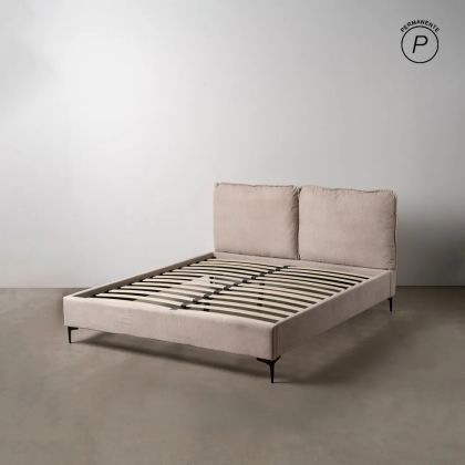 Cama en madera tapizada en tejido beige 163 cm