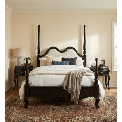 Cama en madera de caoba negra y cabecero en tejido beige 170 cm