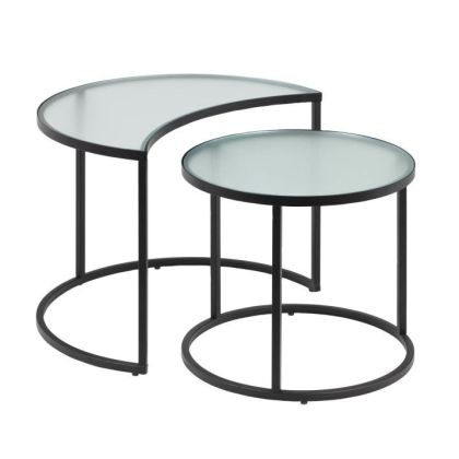 Set 2 Mesas Auxiliar Metal Negro Cristal, Industrial Moderno 