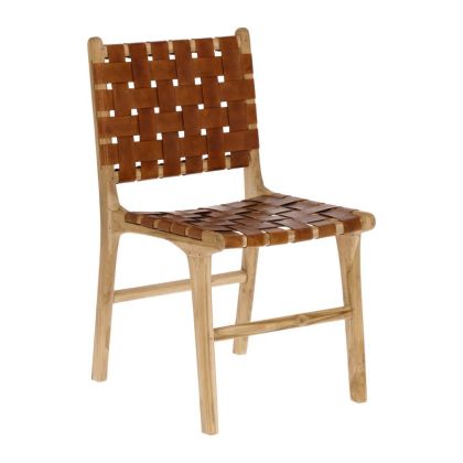 Silla Calixta Madera Teca Maciza Piel Marrón, 46 Cm