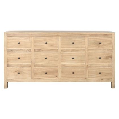 Cómoda en madera de mindi natural con tiradores de hierro.