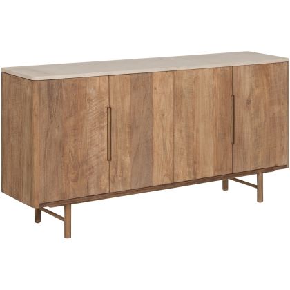 Cómoda en madera de teca reciclada natural y sobre en mortero blanco.