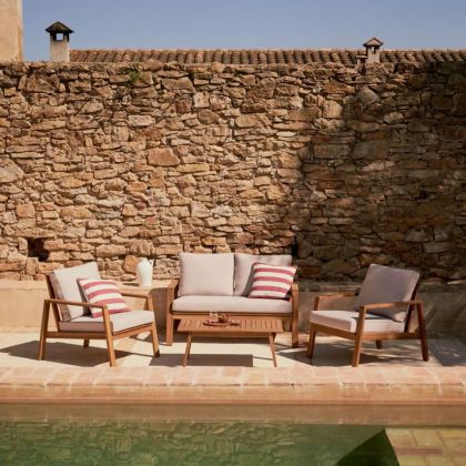 Conjunto Sofá Sillones Mesa Centro Frares Estilo Nórdico Madera Acacia, 126 / 70 / 90 Cm