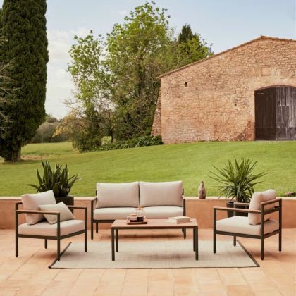Conjunto Sofá Sillones Mesa Centro Aiguafreda Estilo Moderno Tejido Aluminio Gris, 133'5 / 62'5 / 100 Cm
