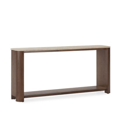 Consola en madera de roble marrón y sobre de mármol travertino crema 181 cm