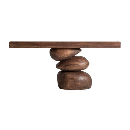 Consola en madera de suar marrón formada por volúmenes orgánicos.