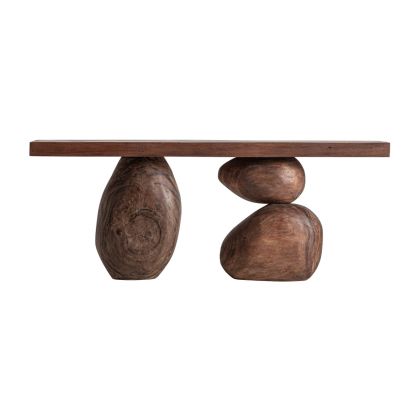 Consola en madera de suar marrón formada por volúmenes orgánicos.