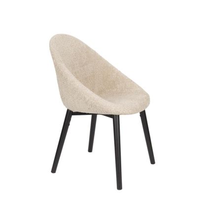 Silla nórdica moderna en madera de haya tapizado en tejido tipo borreguito beige y patas de hierro negro.