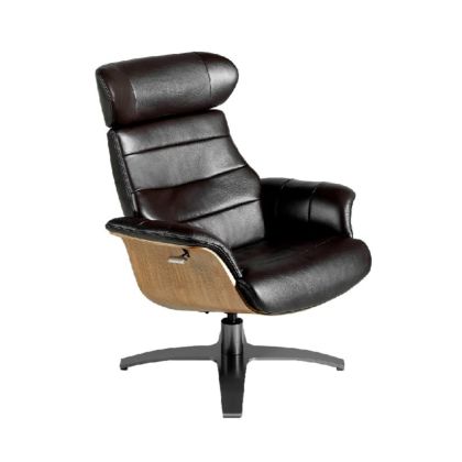 Sillón Giratorio Relax Estilo Moderno Cuero Negro Madera Chapada Nogal Acero, 79 Cm