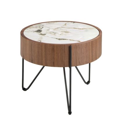 Mesa Auxiliar Redonda Mármol Porcelánico Nogal Acero, Ø50 Cm