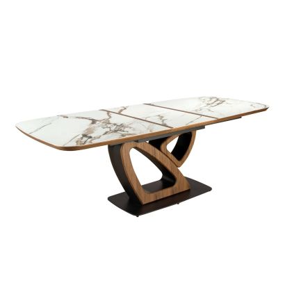 Mesa Comedor Extensible Mármol Porcelánico Blanco Nogal, 180/230 Cm