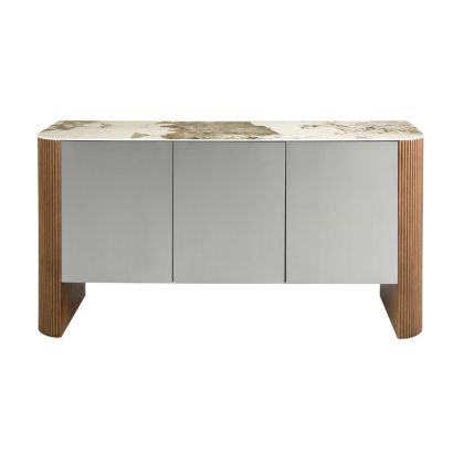 Aparador Lacado Plateado Mármol Porcelánico Patas Nogal, 160 Cm