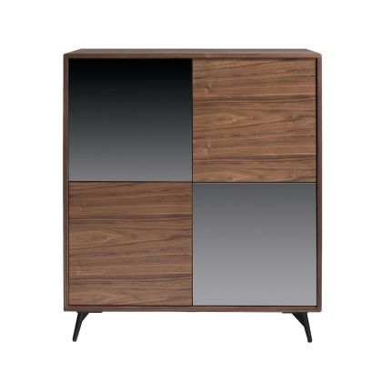 Aparador Alto Cristal Efecto Espejo Nogal Acero Negro, 180 Cm