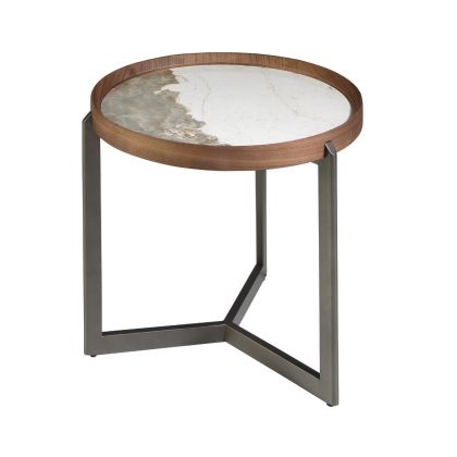 Mesa Auxiliar Redonda Mármol Porcelánico Nogal Acero, Ø62 Cm