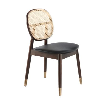 Black Rattan Faux Leather Walnut Wood Chair, 49 Cm