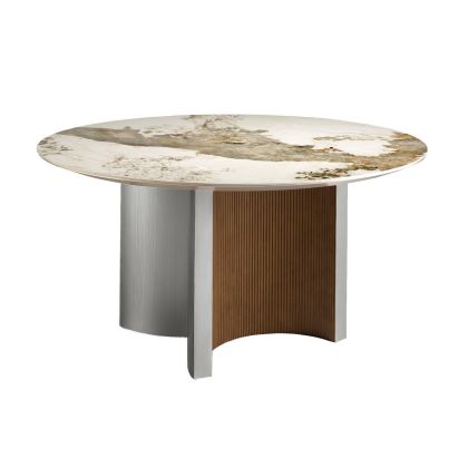 Mesa Comedor Redonda Mármol Porcelánico Madera color Nogal Plata, Ø150 Cm