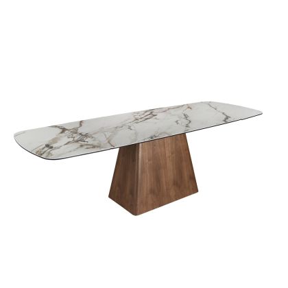Mesa Comedor Extensible Mármol Porcelánico Blanco Mate Nogal, 180/260 Cm