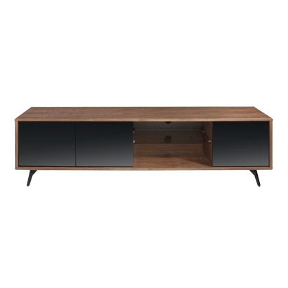 Mueble TV Cristal Negro Efecto Espejo Nogal Acero, 180 Cm