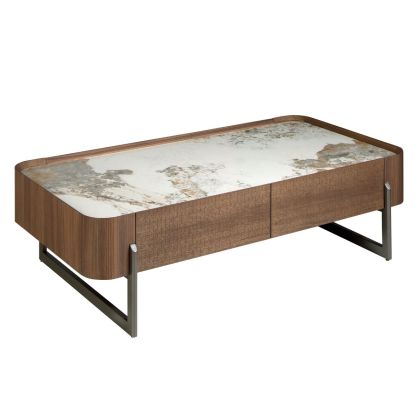 Mesa Centro Rectangular Mármol Porcelánico Color Visón Nogal Acero, 140 Cm