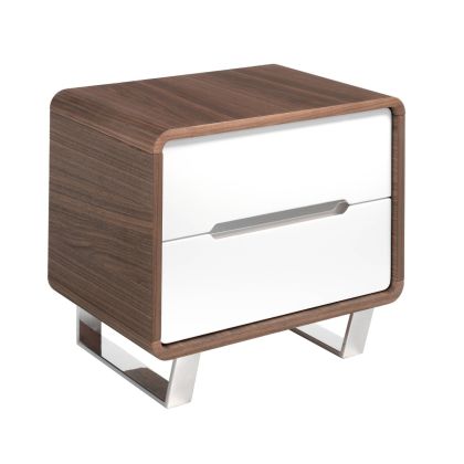 Mesita de Noche Mdf Blanco Chapa Nogal Acero Cromado, 55 Cm