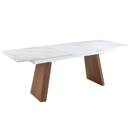 Mesa Comedor Extensible Rectangular Mármol Porcelánico Blanco Nogal, 180/230 Cm