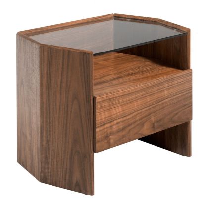 Mesita de Noche Tapa Cristal Templado Chapa Nogal, 65 Cm