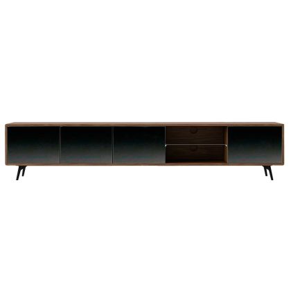 Mueble TV Cristal Negro Efecto Espejo Nogal Acero, 240 Cm