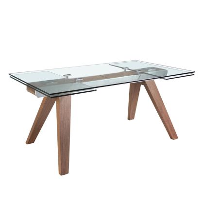 Mesa Comedor Extensible Rectangular Cristal Templado Nogal