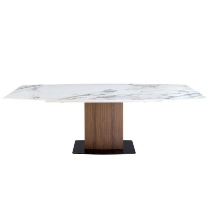 Mesa Comedor Extensible Mármol Porcelánico Blanco Mate Nogal, 160/240 Cm