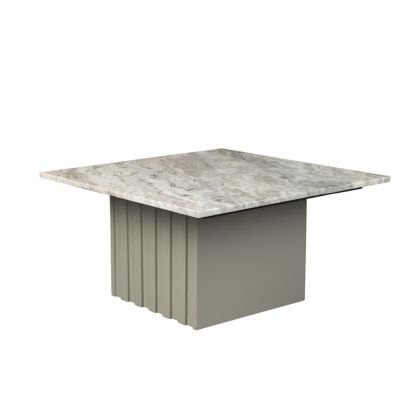 Mesa centro de diseño moderno con sobre de mármol beige y base de hierro gris.