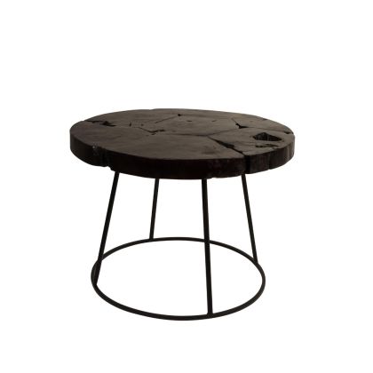 Mesa auxiliar industrial en madera de teca marrón y hierro negro.