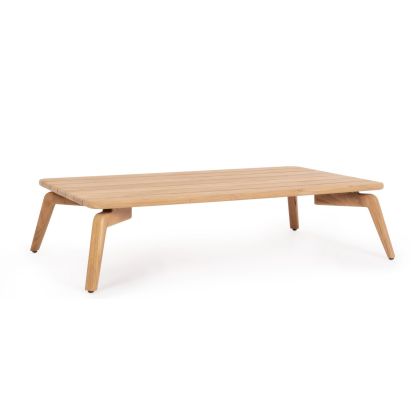 Mesa de centro exterior nórdica con listones en madera de teca natural.