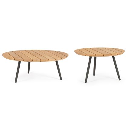 Set 2 mesa centro jardín nórdica con sobre de madera de teca natural y patas de acero negro.